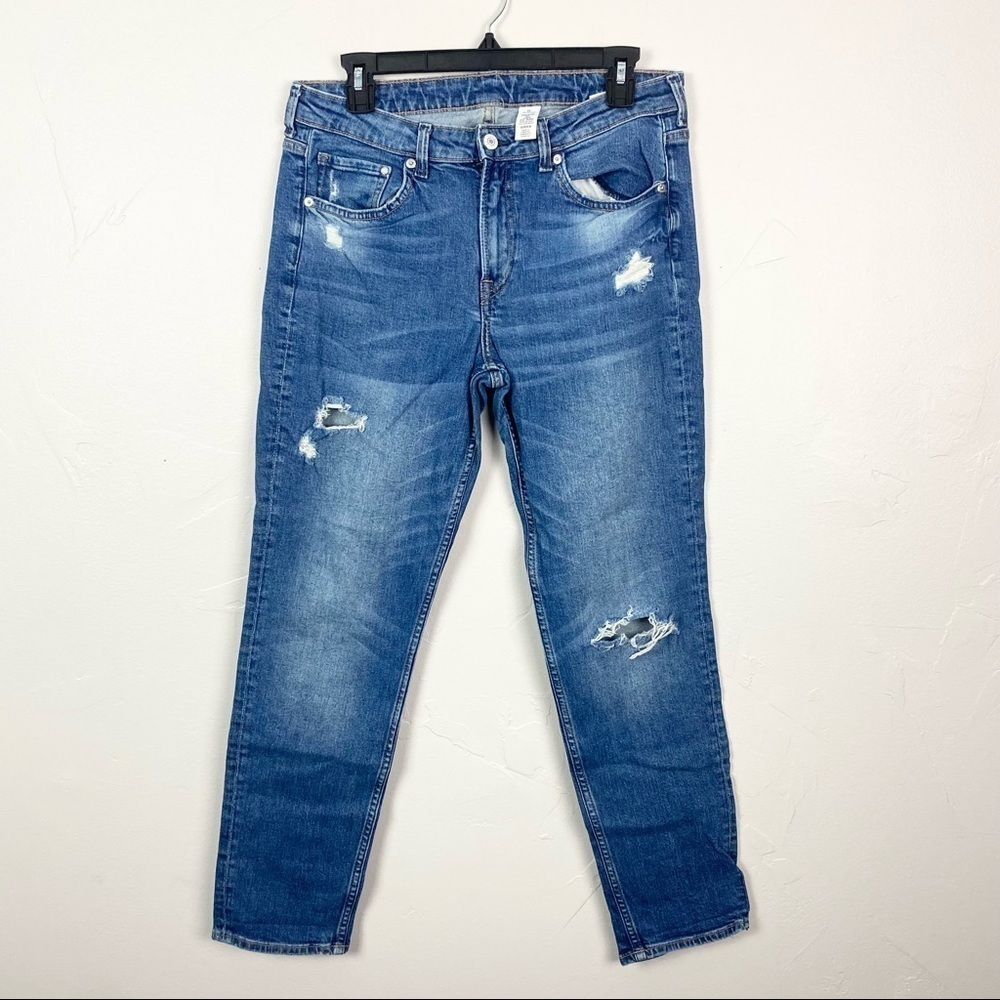 H&M Denim | High Waisted Dark Wash Distressed Girlfriend Jeans Size 30